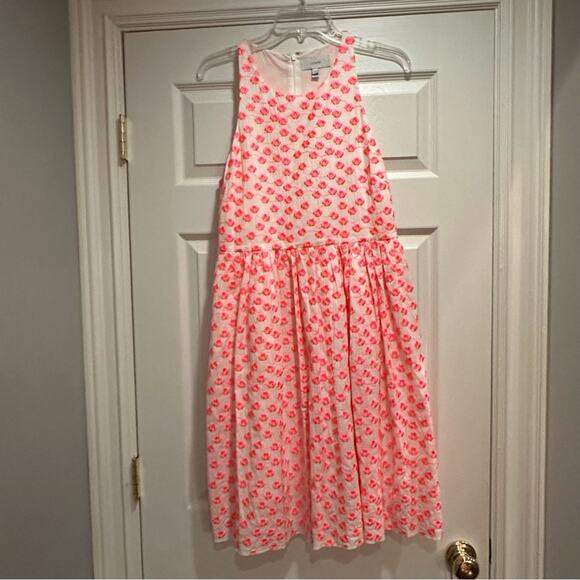 J. Crew White Neon Pink Embroidered Floral Racer Dress A5586 Size 10 Fit Flare - Picture 3 of 12